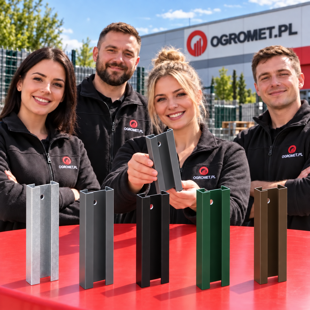 Zespół Ogromet prezentujący elementy metalowe w różnych kolorach — ilustracja AI