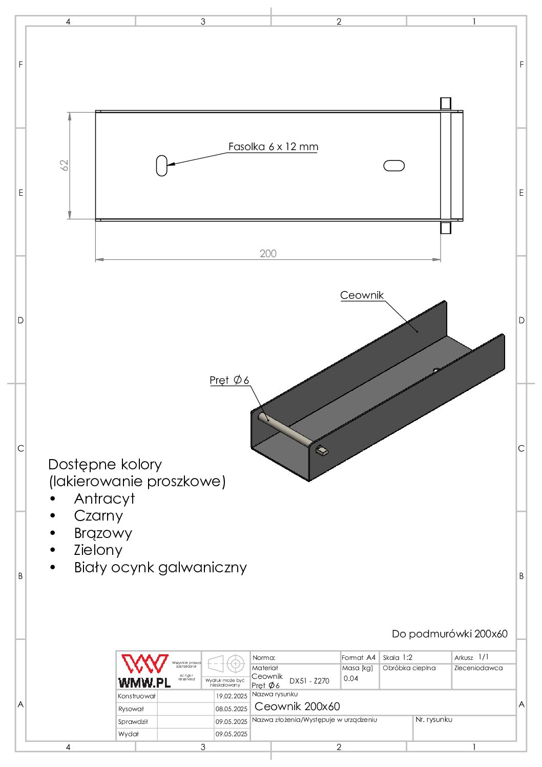Ceownik uchwyt do podmurówki ogrodzenia 60x200 ocynk