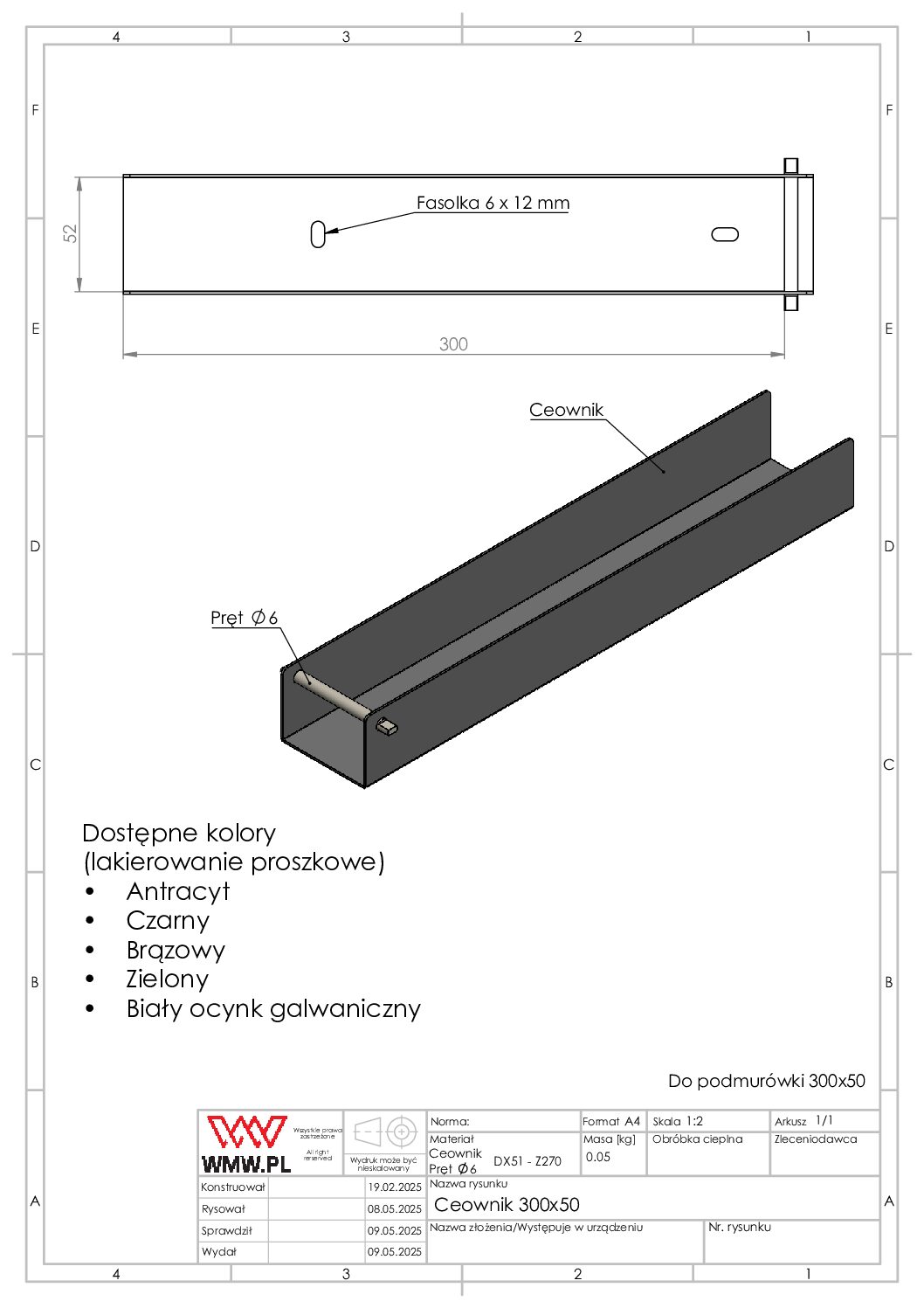 Ceownik łącznik uchwyt do podmurówki ogrodzenia 50x300 zielony RAL 6005 - obrazek 3